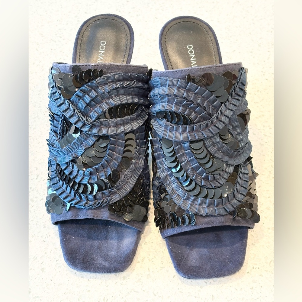 Navy Blue Block Heel Open Toe Slide Sandals Leather & Suede With Sequin Design - Picture 6 of 15